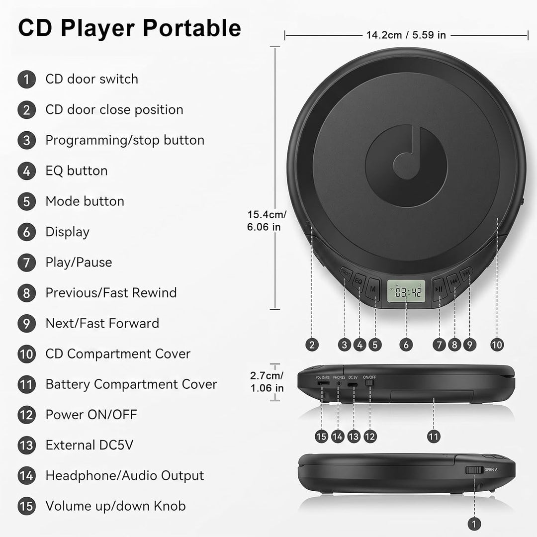 Gueray CD Spieler Tragbarer CD-Player Persönliche CD Player mit Kopfhörer LCD Display Anti-Skip Schu