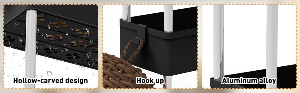 HUOLE Aufbewahrungswagen mit Rollen, Beistellwagen mit Haken, für Küche, Badezimmer, 86 x 12,5 x 40