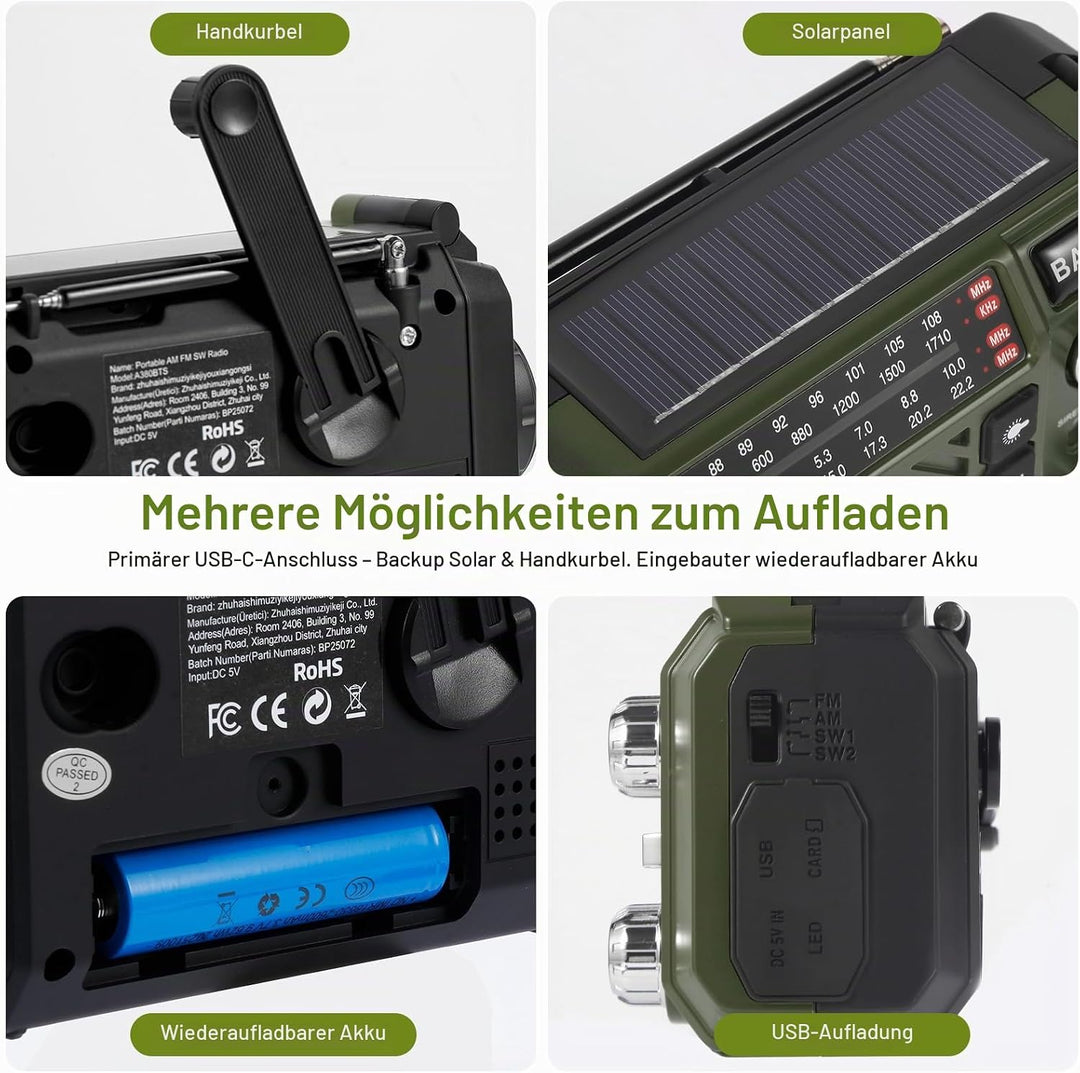 Kurbelradio Notfallradio mit 2600mAh Powerbank, Solar &amp; USB-C Ladung, AM/FM/SW Weltempfänger, LED-Ta