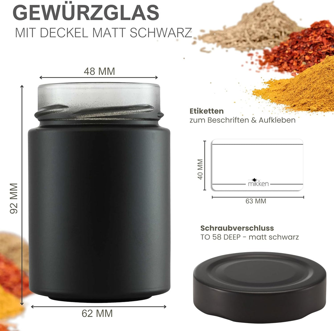 mikken 6 Gewürzgläser 190ml matt schwarz mit Schraubdeckel und Etiketten
