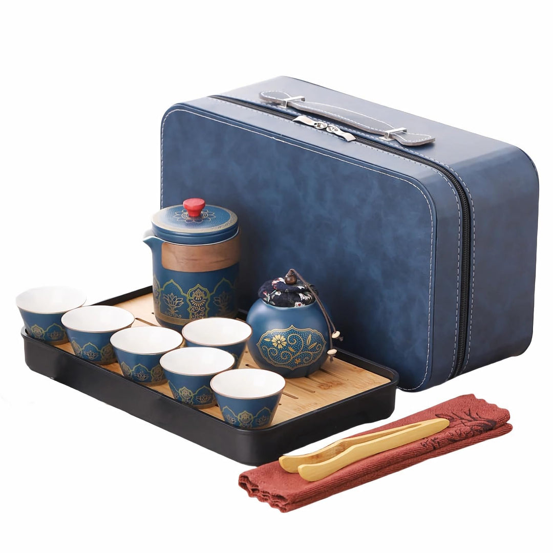 Teeservice aus Porzellan, Chinesischer Reise Tee Set mit 6 Keramik Tassen, Klein Teekanne mit Eingeb