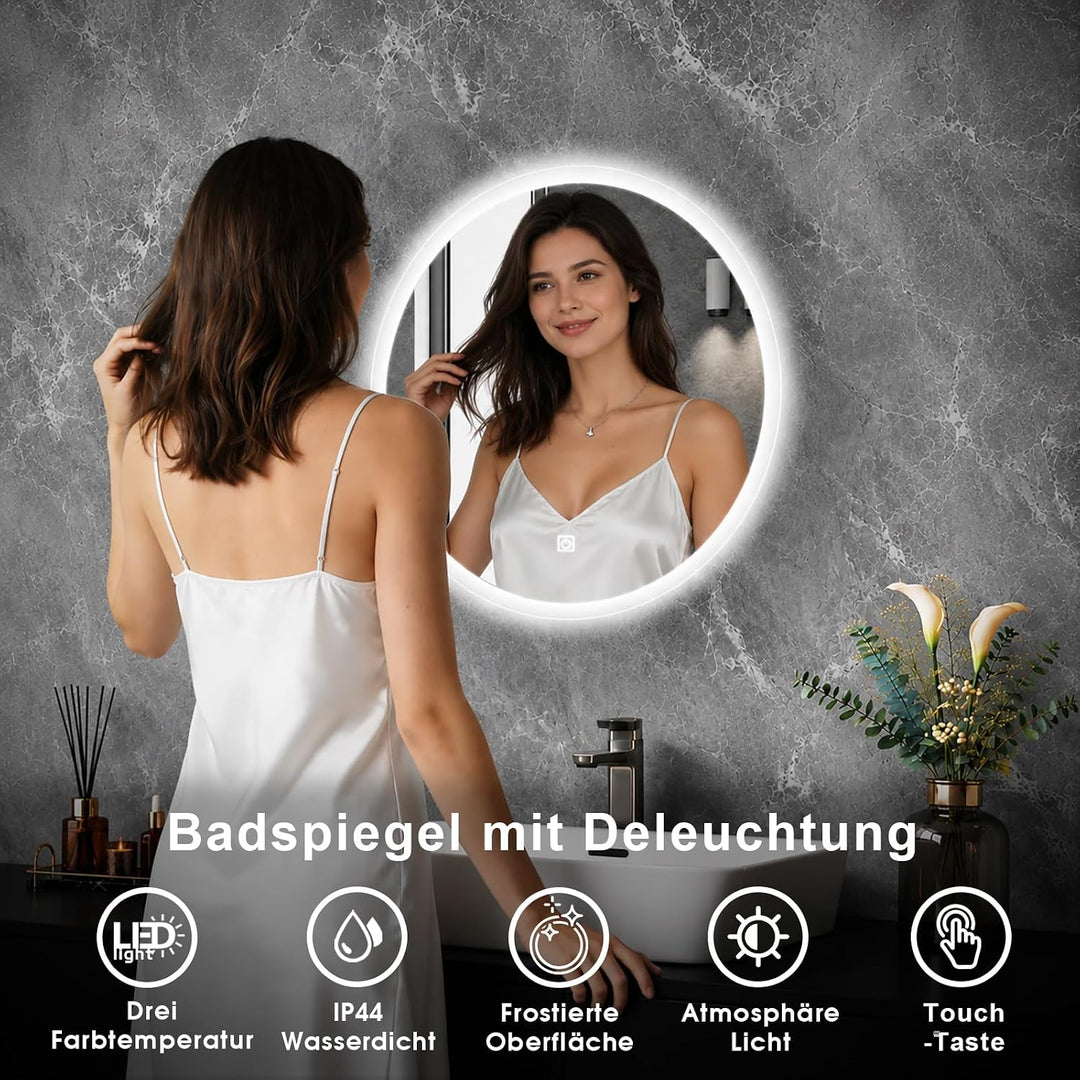 Badspiegel mit Beleuchtung, LED Badezimmer Spiegel Rund 50cm, Dimmbar, 3 Lichtfarben, Touch-Schalter
