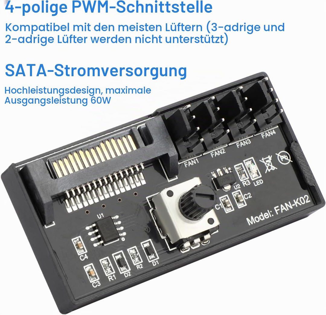 12V 4Pin PWM-Lüftergeschwindigkeitsregler, unterstützt 4 Lüfter, PC-Lüfter-Hub mit SATA-Stromversorg