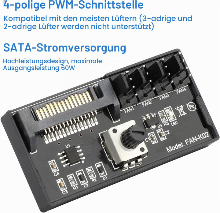 12V 4Pin PWM-Lüftergeschwindigkeitsregler, unterstützt 4 Lüfter, PC-Lüfter-Hub mit SATA-Stromversorg
