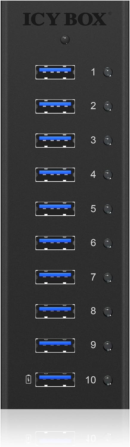 ICY BOX IB-AC6110 10-fach USB 3.0 Hub mit Netzteil (12V/4A), Ladeport, Voll-Aluminium, Klettbefestig