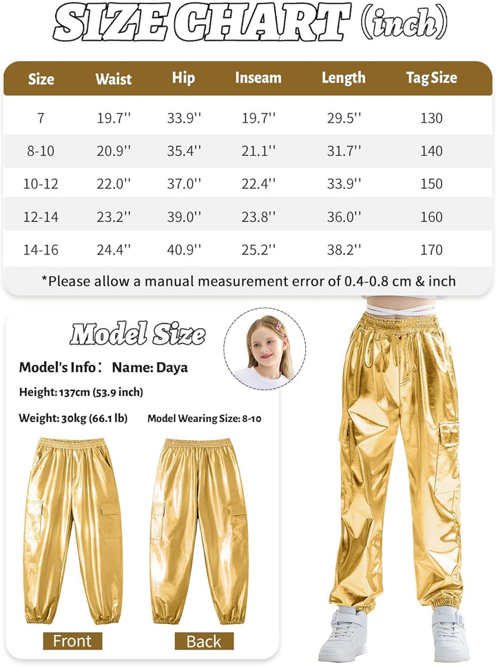 Rolanko Cargo Hosen für Mädchen, Metallische Tanz Hip Hop Hosen für Kinder Mit Elastischem Bund, Ret
