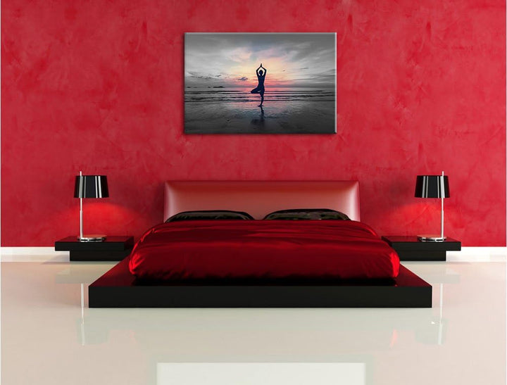 Yoga am Strand B&W Detail, Format: 100x70 auf Leinwand, XXL riesige Bilder fertig gerahmt mit Keilra