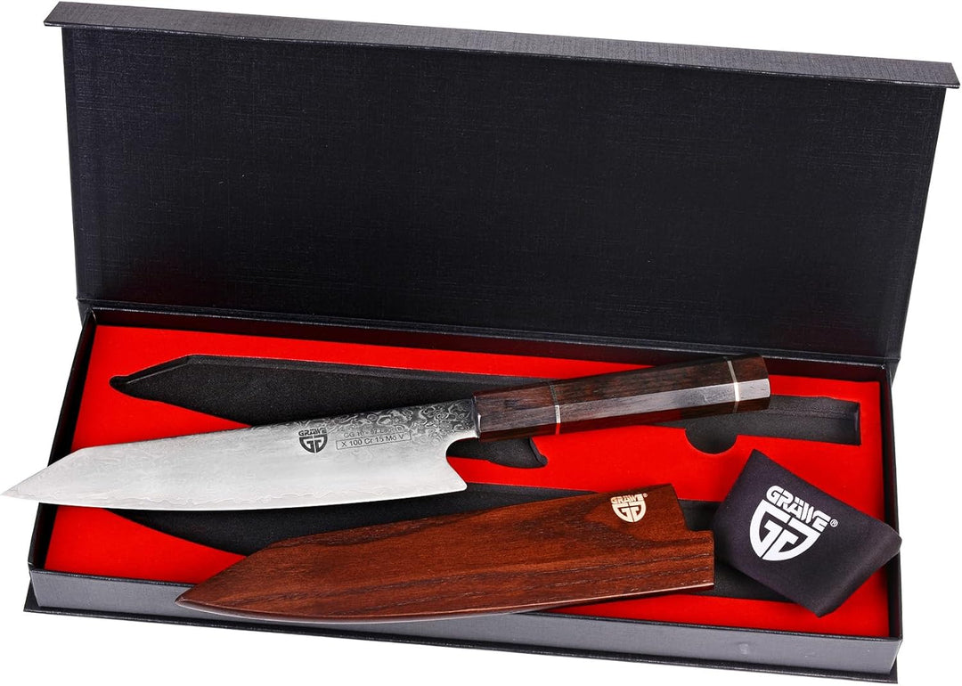 GRÄWE Damastmesser Signature, Grosses Messer aus Damaststahl, Super Scharf, Damaszener Santokumesser