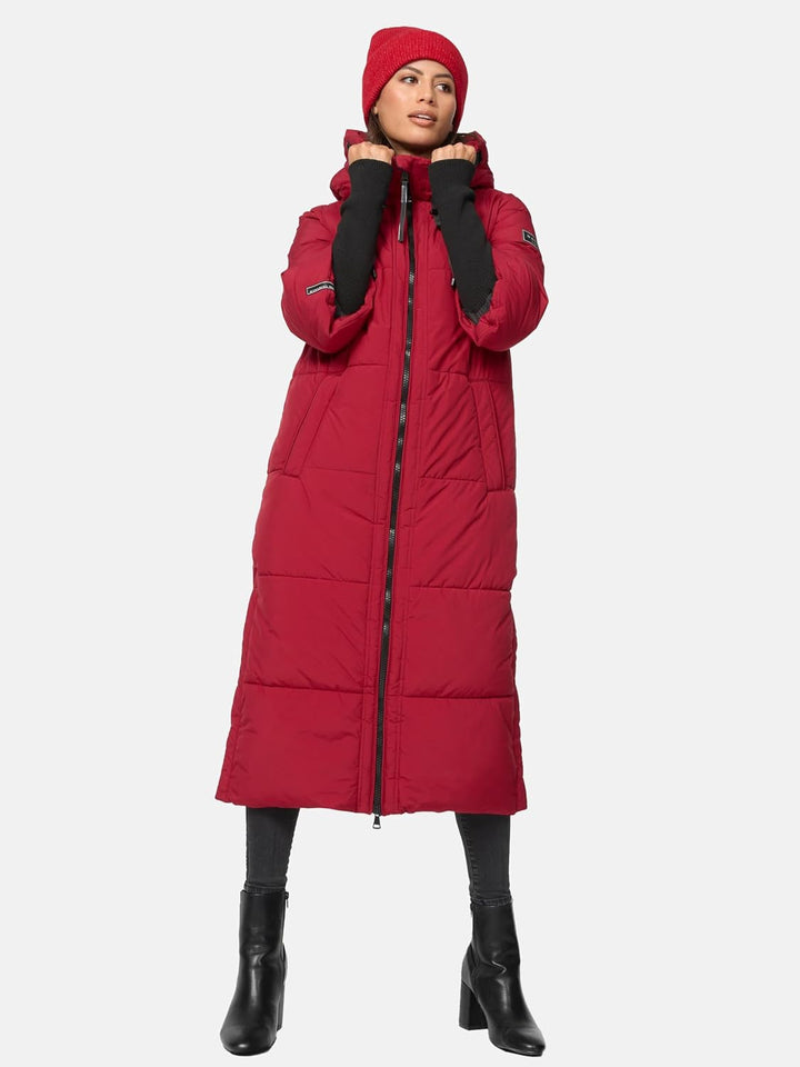 Navahoo Damen Wintermantel Warmer Steppmantel lang mit Kapuze und Rippstrickärmeln Ciao MIAU XIV XS-