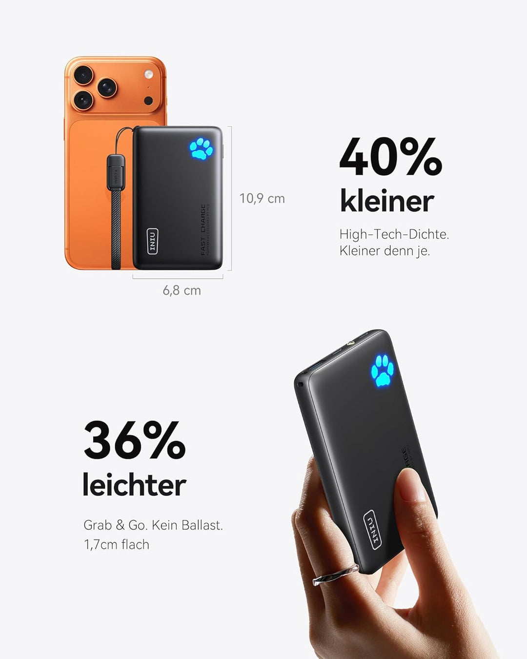 INIU Power Bank, 22,5W Powerbank Klein Aber Stark 10000mAh (USB C In & Out), PD3.0 QC4.0 Externe Han