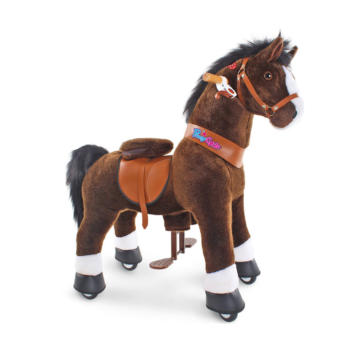 PonyCycle® Schaukelpferd auf Rollen | für Kinder 4–7 Jahre, 89cm | Braunes Plüsch Reitpferd mit Hand