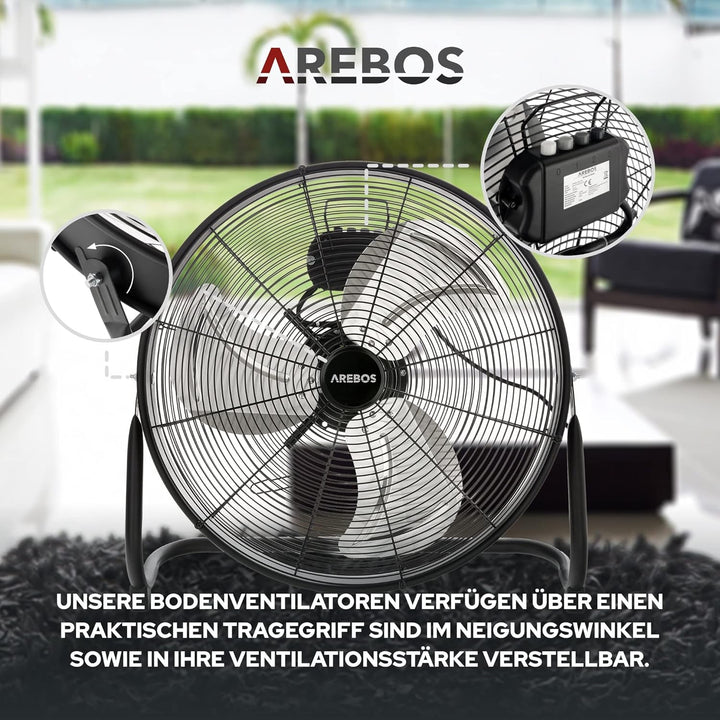 Arebos Bodenventilator Ø50 cm | Windmaschine | Ventilator | 3 Geschwindigkeitsstufen | hoher Luftdur