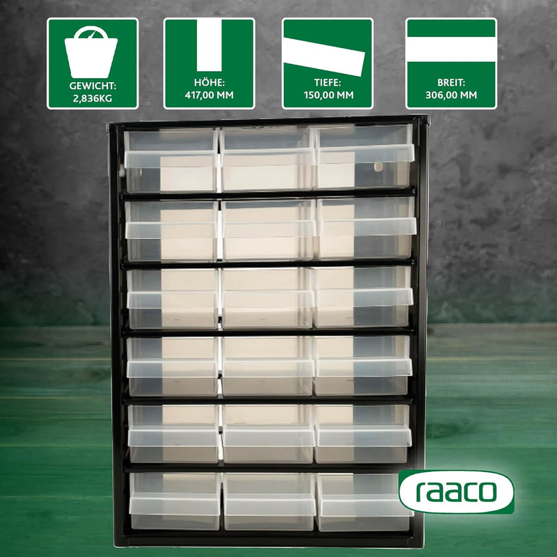 raaco Kleinteilemagazin C9-18, 20 kg Last, 15 x 30,6 x 42 cm, 18 Schubladen, beschichteter Stahl, ge