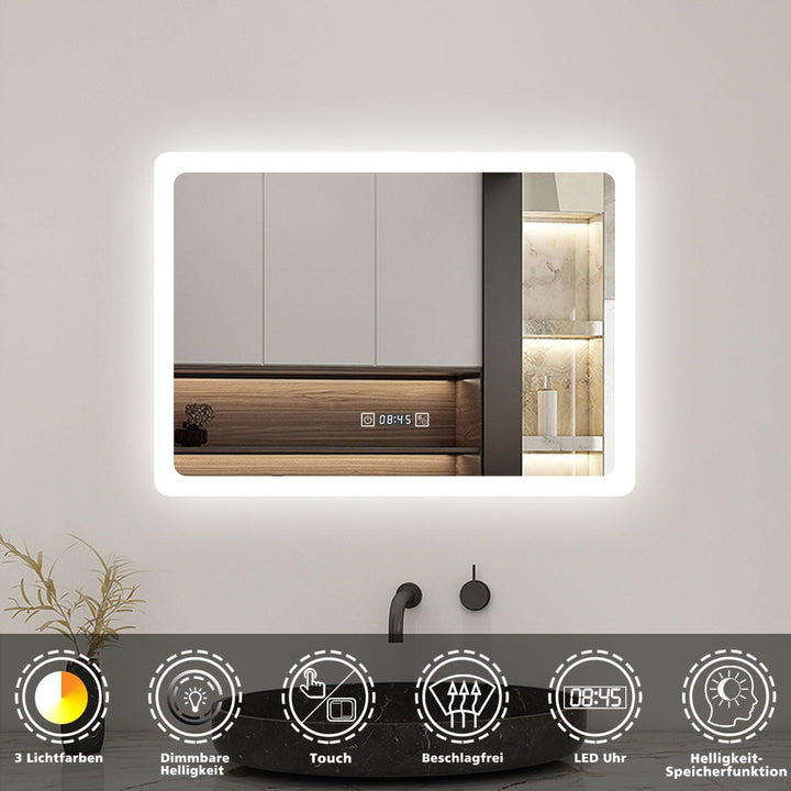 Biubiubath 80x60cm LED Badspiegel mit Uhr,Touch-Schalter,Badspiegel mit Beleuchtung,Beschlagfrei,Bad
