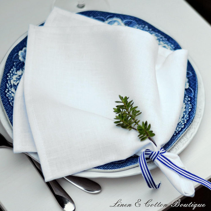 Linen & Cotton Festliche 4 x Stoffservietten Leinenservietten Anabella - 100% Leinen, Weiss Weiss (4