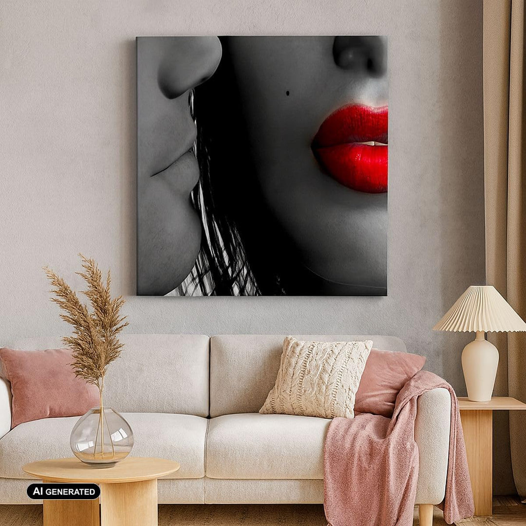Bilder auf Leinwand 70x70cm Leinwandbild Rote Lippen dunkles Haar Modell Liebe Gross Wanddeko Bild S