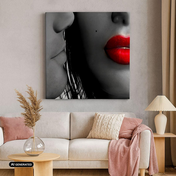 Bilder auf Leinwand 70x70cm Leinwandbild Rote Lippen dunkles Haar Modell Liebe Gross Wanddeko Bild S