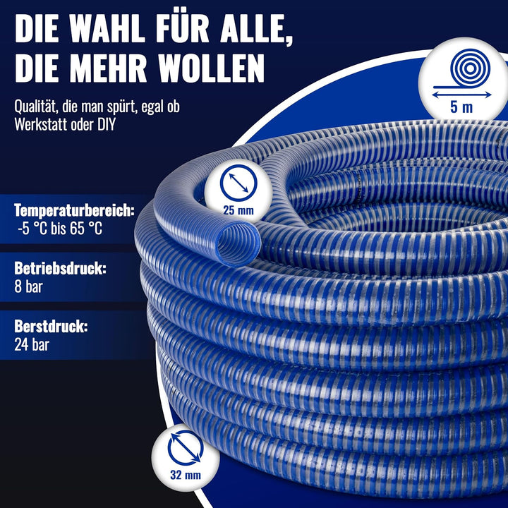 Poppstar PVC Saugschlauch 1 Zoll Spiralschlauch (5m Wasserschlauch mit ID 25mm / AD 31mm, bis 8 bar)