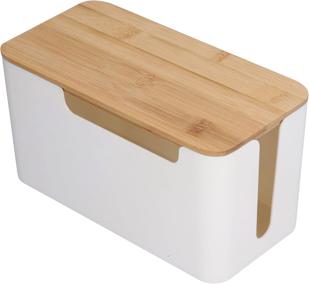 Kabelmanagement Box mit Holz Deckel, 23 x 12 x 11,7cm Weiss Kunststoff Kabelbox Schreibtisch Kabel O