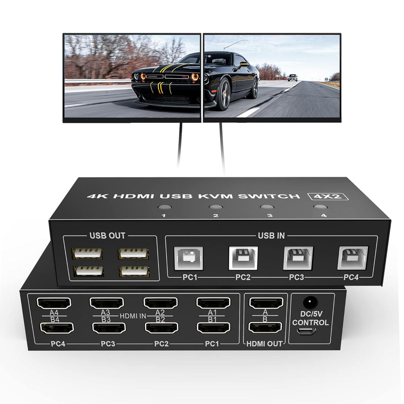 4 Port KVM Switch Dual Monitor HDMI 4K 60Hz, KVM Switch 2 Monitore 4 Computer mit 4 USB 2.0 Hub, Dua