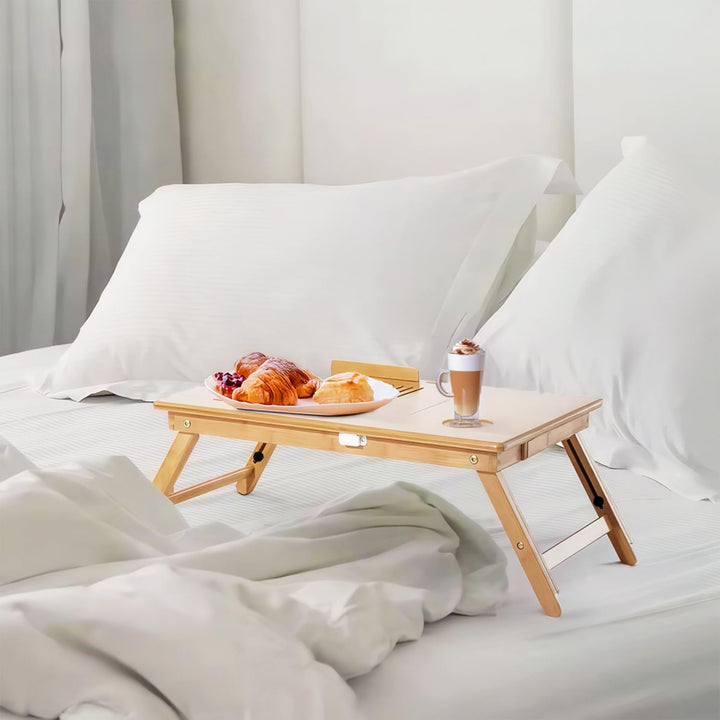 Klappbarer Laptoptisch, verstellbar mit Belüftung, Holzbettständer, Happy Sunday