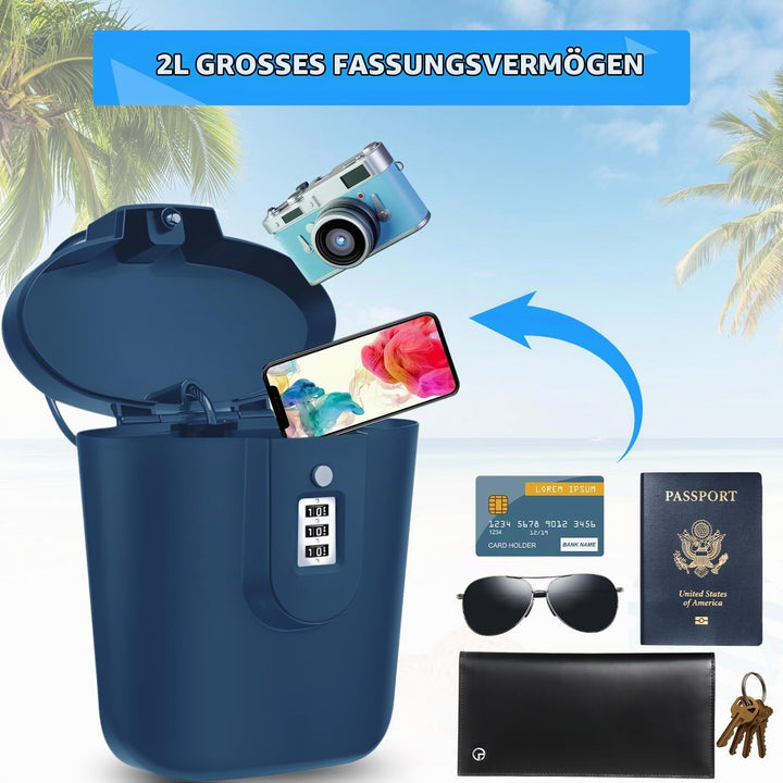 Strandtresor mit Zahlen-Schloss &amp; Anti-Diebstahl - Tragbare Sicherheitsbox für Strand, Camping, Reis