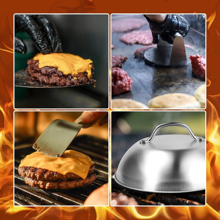 Relaxdays Smash Burger Set, 5-teilig, Burgerpresse, 2 Schmelzglocken & 2 Grillspachteln, Patty Maker