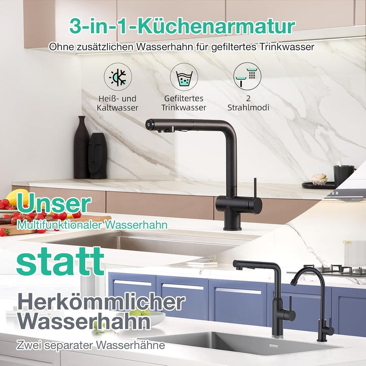 Faustina 3 Wege Küchenarmatur mit Brause ausziehbar, Einhebelmischer Armatur Wasserhahn Spültischarm