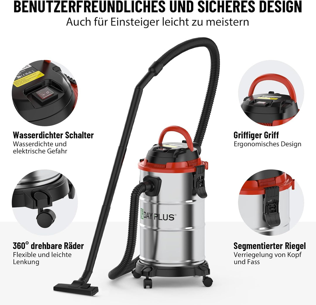DayPlus Nass & Trocken Staubsauger, 18 Liter, 1200W Motor, 19 Kpa, 5m Kabel, 1,5 Flexible Schlauch,