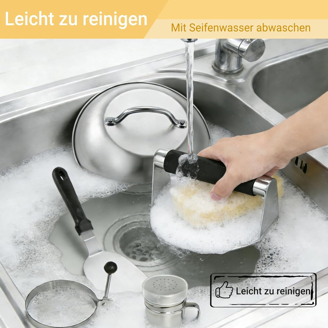 GoHZQ Edelstahl-Burgerpresse mit strukturierter Oberfläche für saftigere Patties, 6 Stück Smash-Burg