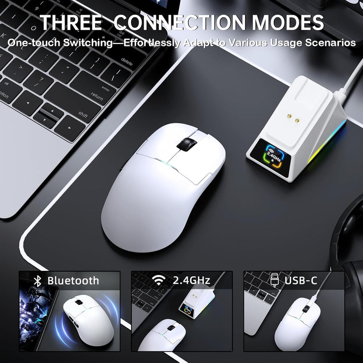 A.JAZZ AJ159P MC PRO Kabellose Gaming-Maus mit RGB-Ladedock, 57g Superlight, Tri-Mode Bluetooth/2.4G