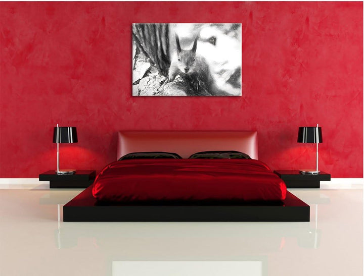 Pixxprint interessantes Eichhörnchen auf dem Baum Kunst Kohle Effekt, Format: 100x70 auf Leinwand, 1