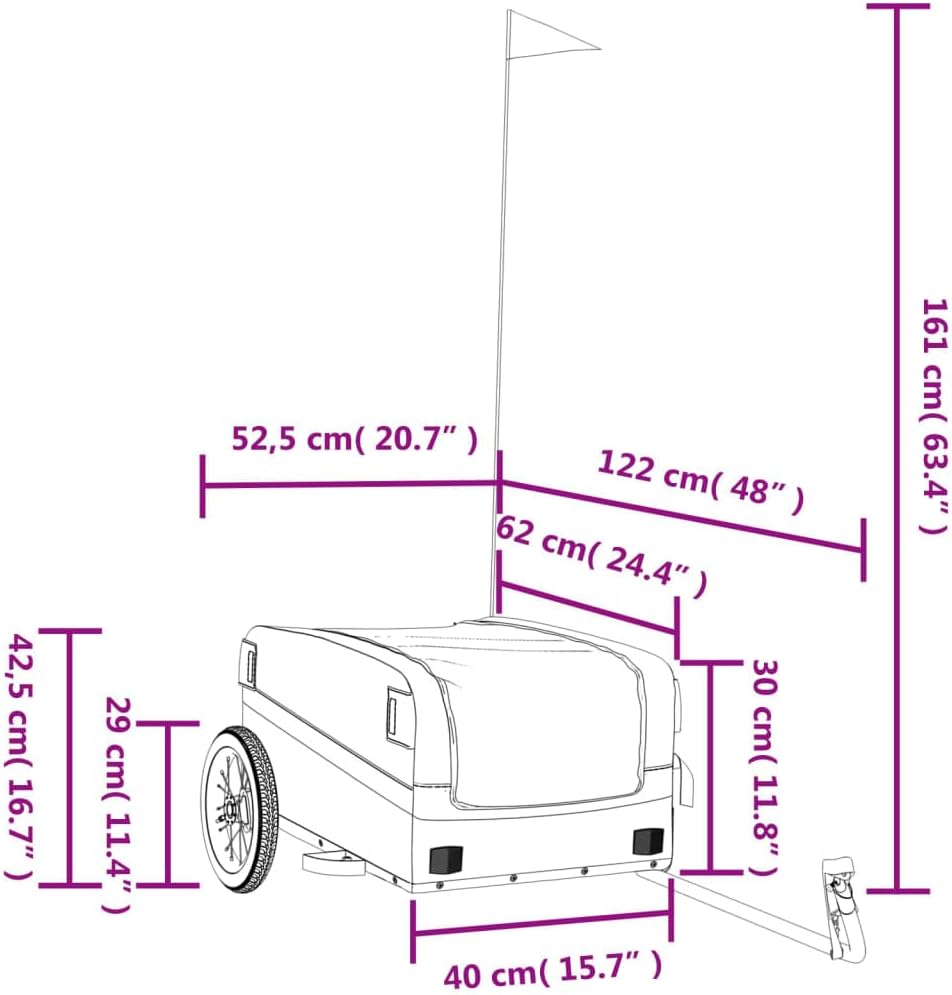 Fahrradanhänger schwarz und grün aus Eisen mit Oxford-Gewebe, Traglast, x 52,5 x 42, Sicherheitsflag