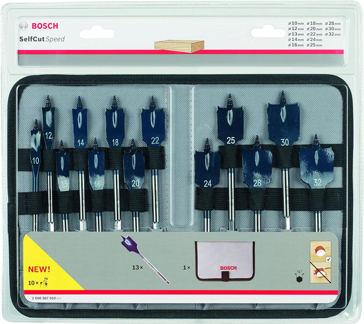 Bosch Professional 13 tlg. SelfCut Speed Flachfräsbohrer-Set (für Holz, Rolltasche, 1/4" Sechskantsc