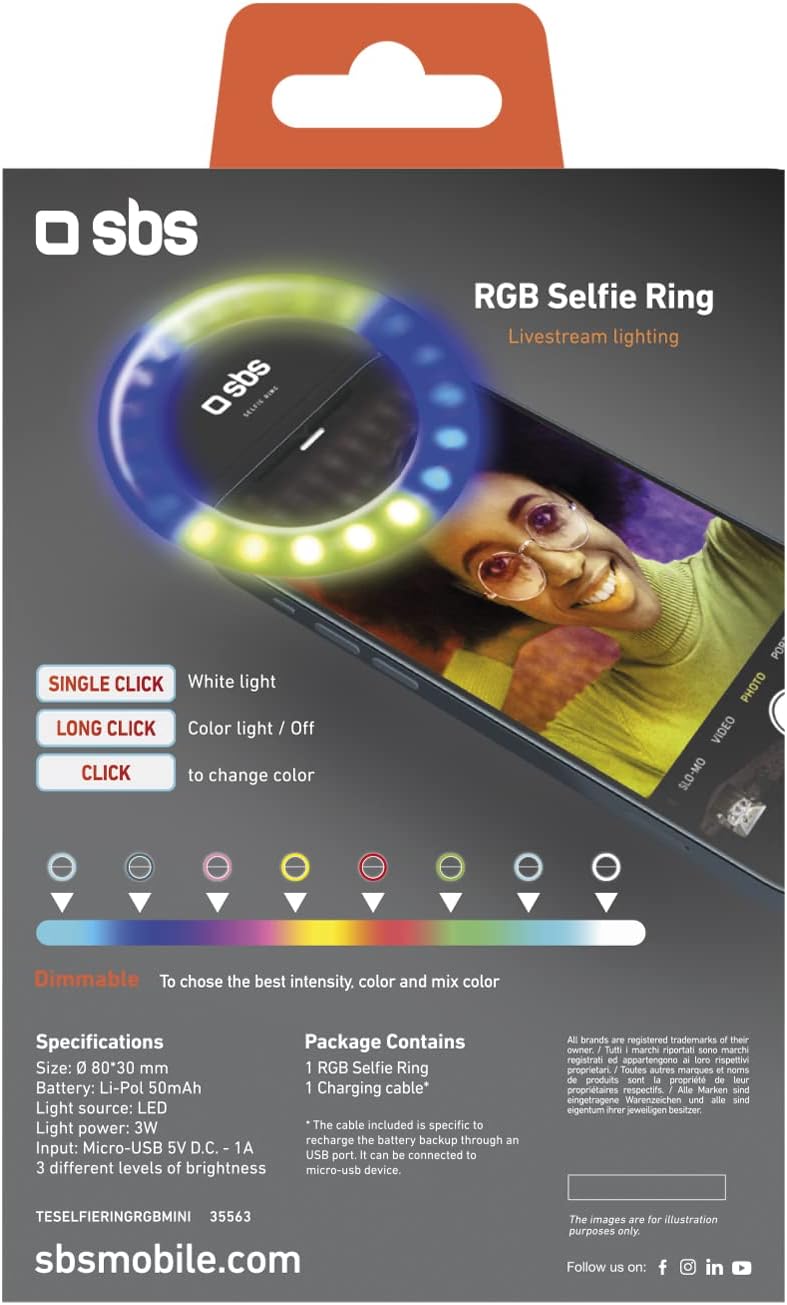 SBS Mehrfarbiger LED-Ring für Smartphone, Blitzlicht mit Intensitätseinstellung, für TikTok, YouTube