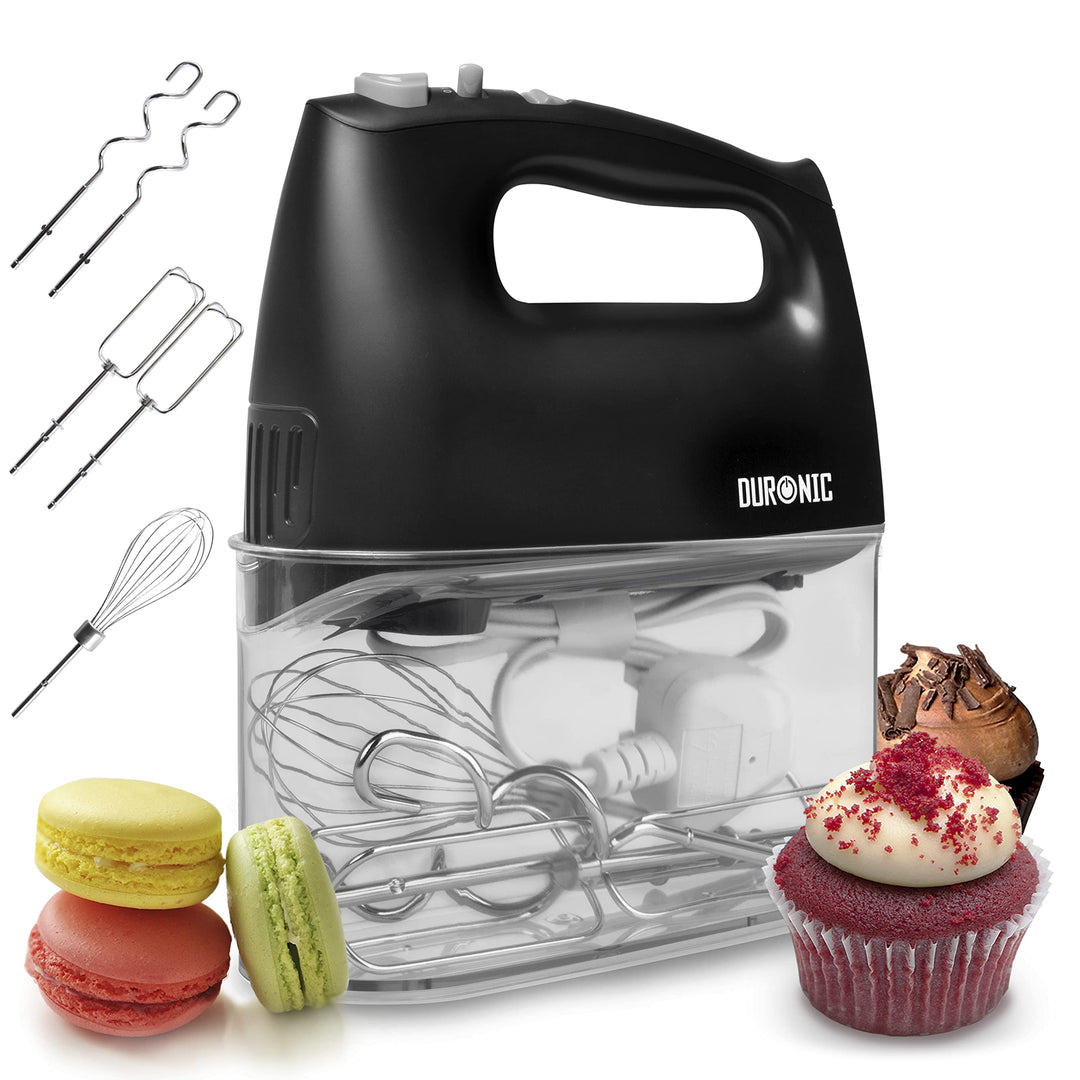 Duronic HM4 BK Handrührer - Mixer mit Rührbesen, Knethaken und Schneebesen - Handmixer mit Aufbewahr