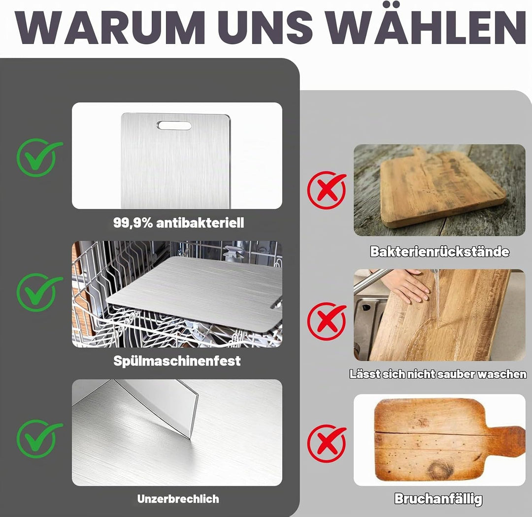 Titan Schneidebrett 3 Stück, Edelstahl Anti-Rutsch, Doppelseitig, Lebensmittelecht, BPA-frei, Titan