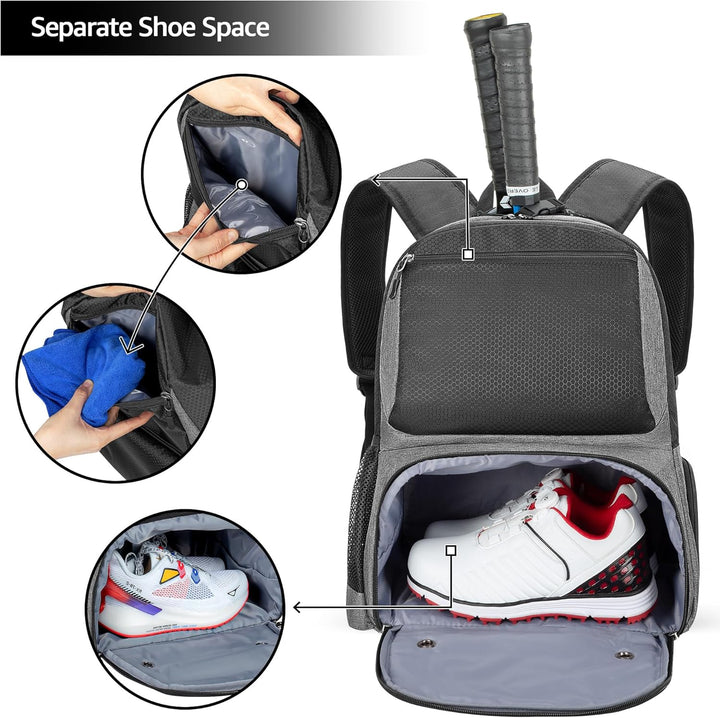 DSLEAF Tennisrucksack mit Schuhfach, Tennistasche für 2 Schläger mit Gepolsterten Schultergurten und