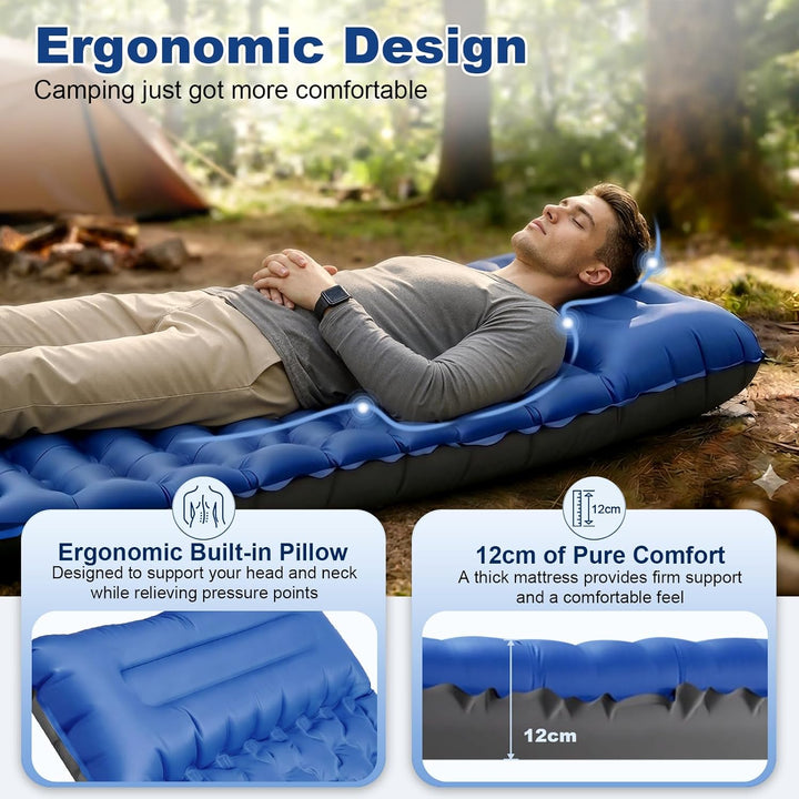 JATEKA Isomatte Camping, 12CM Dicker Aufblasbare Isomatte Sleeping Mat Blau + Grau - Einzel, Blau +