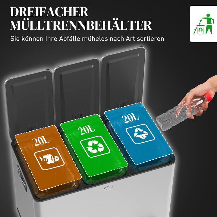 HOMCOM Mülleimer Küche 3 x 20 L Treteimer mit Softclose-Deckel und Pedal Mülltrennsystem 3 Fächer in