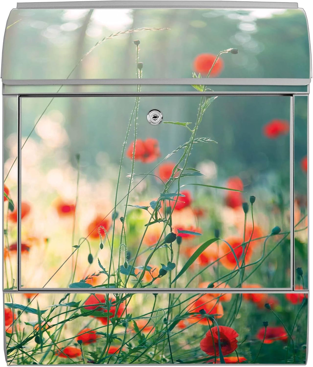 banjado® Design Briefkasten mit Motiv Waldmohn 39x47x14cm &amp; 2 Schlüssel - Briefkasten Stahl Silber m