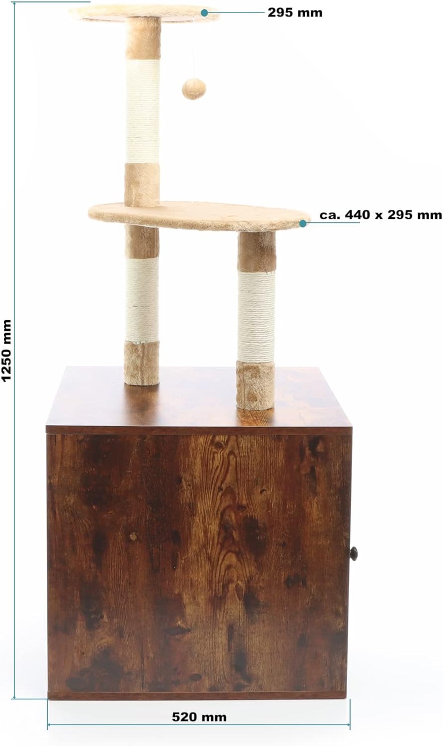 Fudajo Design Kratzbaum mit Box aus Holz vintagebraun multifunktional Kratzmöbel und Katzentoilette
