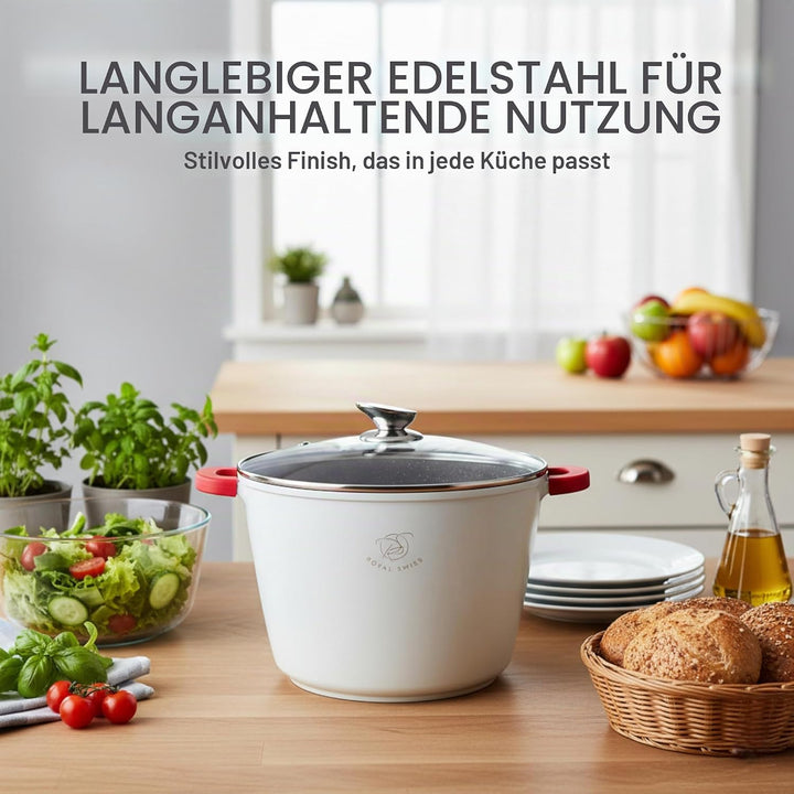 Royal Swiss® Induktionskochtopf – Induktionspfanne mit abnehmbaren Griffen – Ø 28 cm/10 Liter – Supp