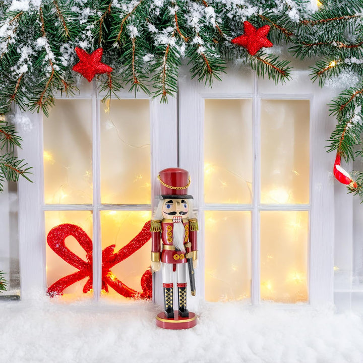 Kaladia Deko Nussknacker Figur Soldat aus Holz – Höhe: 38 cm – moderner Weihnachtsnussknacker in Rot