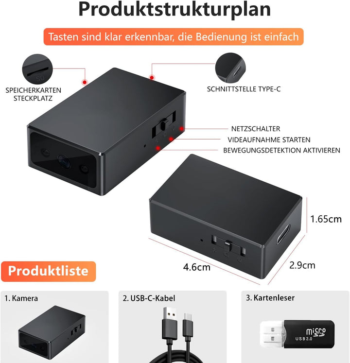 Mini Kamera - HD 1080P, Mini-Kamera, Überwachungskamera, Kamera Überwachung Aussen Innen - Bewegungs