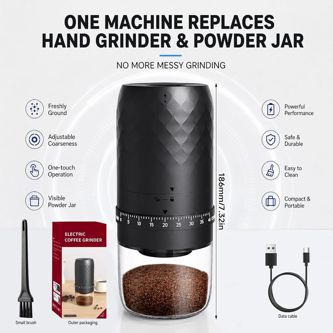 Kaffeemühle Elektrisch, tragbar mit Kegelmahlwerk und 5 einstellbaren Mahlgraden, USB Schnellladung