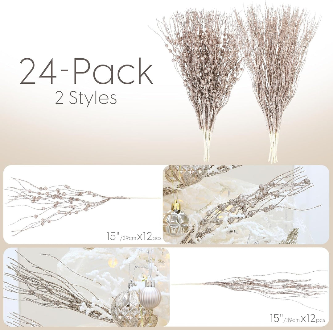 Sea Team 12er-Pack künstliche Glitzer-Beeren-Stielornamente, dekorative Perlensticks, glitzernde Zwe