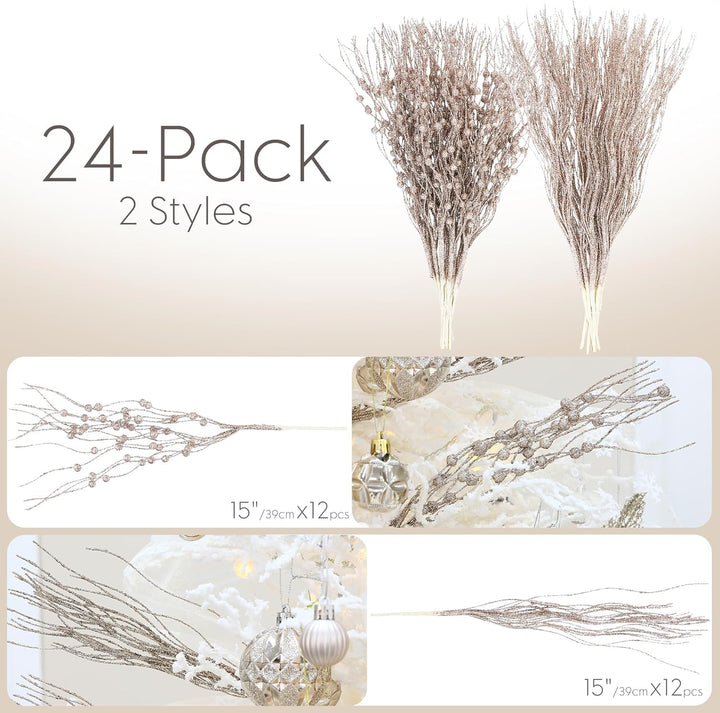 Sea Team 12er-Pack künstliche Glitzer-Beeren-Stielornamente, dekorative Perlensticks, glitzernde Zwe