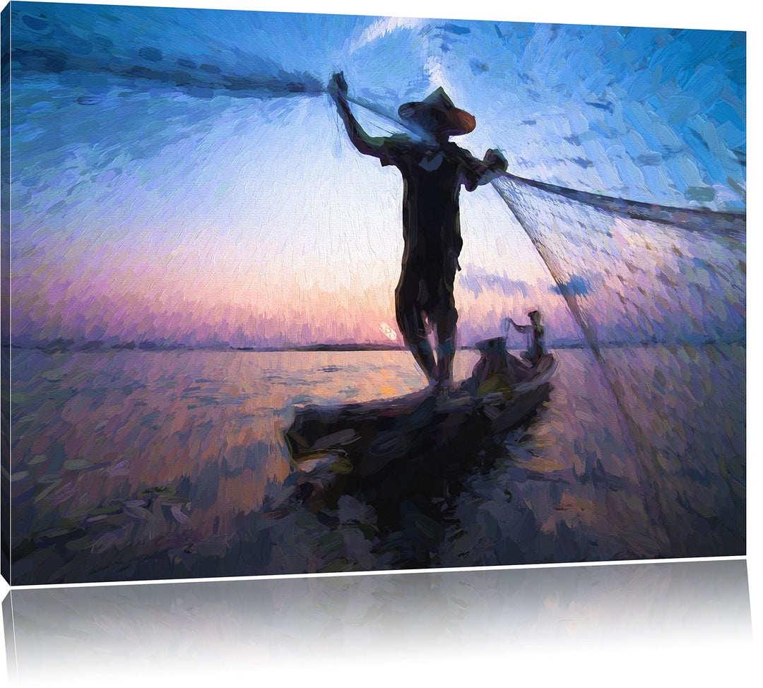 Pixxprint Fischer wirft Sein Netz aus / 100x70cm Leinwandbild bespannt auf Holzrahmen/Wandbild Kunst