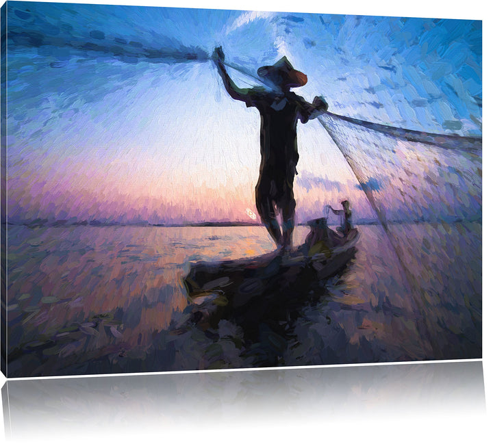 Pixxprint Fischer wirft Sein Netz aus / 100x70cm Leinwandbild bespannt auf Holzrahmen/Wandbild Kunst